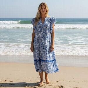 Umgee Blue White Paisley Maxi Dress Ruffle Sleeve V Neck Tiered Cotton L